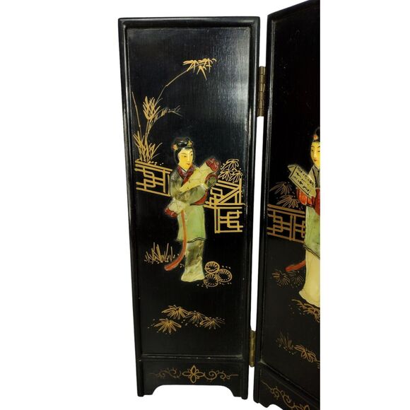 Vintage 1950s Geisha Lacquered Bamboo Abalone Paneled Tabletop Screen Divider - Picture 12 of 12